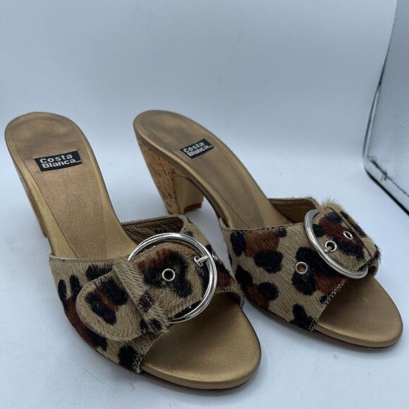 Costa Blanca Animal Print Buckle Open Toe Wooden Heel Shoe 5.5 - Picture 1 of 10